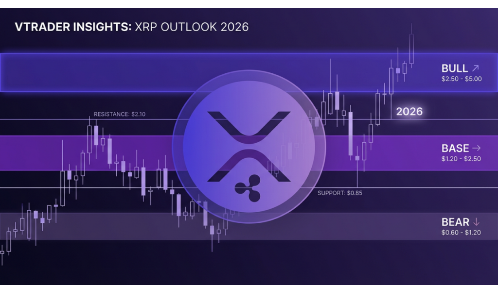 XRP price prediction chart with base, bull, and bear scenario ranges and key support and resistance levels.